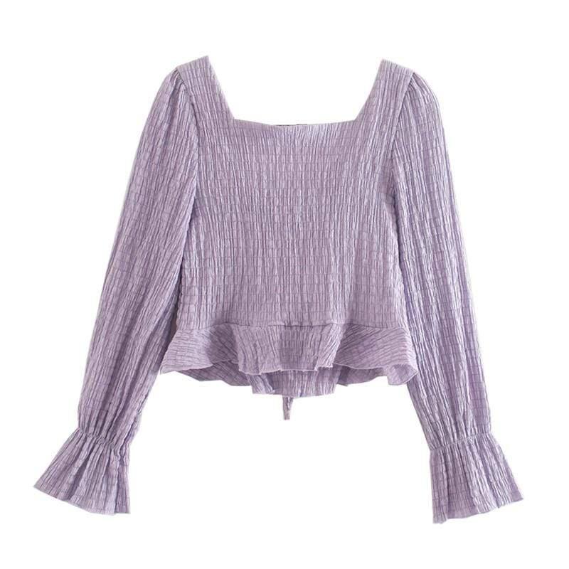 lace-up ruffle cropped blouse