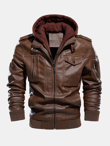 mens washed pu leather zip up pocket detachable hooded elastic hem thick jackets