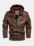 mens washed pu leather zip up pocket detachable hooded elastic hem thick jackets