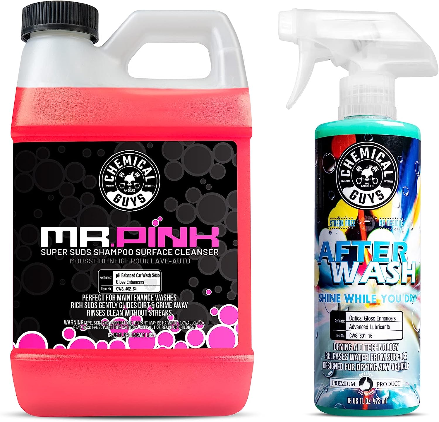 Chemical Guys CWS_402_64A Car Wash, Dry &amp; Shine Bundle - Mr. Pink Foaming Car Wash Soap, 64 oz (Half Gallon) + After Wash Gloss Boosting Drying Aid (16 oz) (2 Items) Works on Cars, Trucks, SUVs