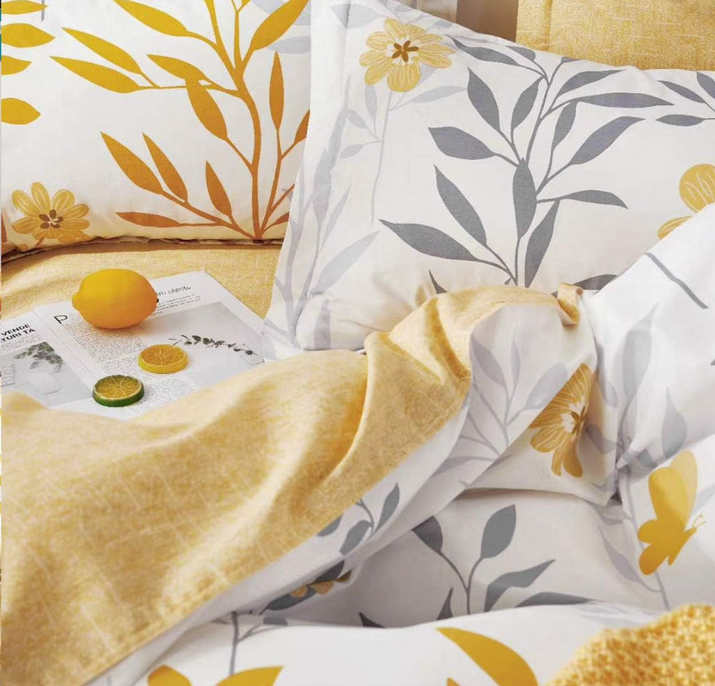 SLEEPBELLA Duvet Cover Queen Size, 600 Thread Count Cotton Grey Branches and Yellow Flower Reversible Comforter Cover(Queen, White Leaf)