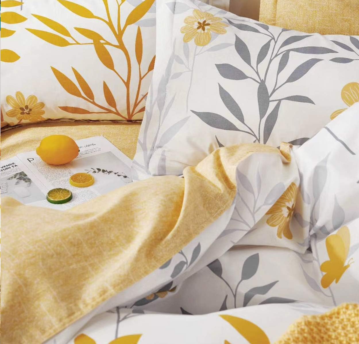 SLEEPBELLA Duvet Cover Queen Size, 600 Thread Count Cotton Grey Branches and Yellow Flower Reversible Comforter Cover(Queen, White Leaf)