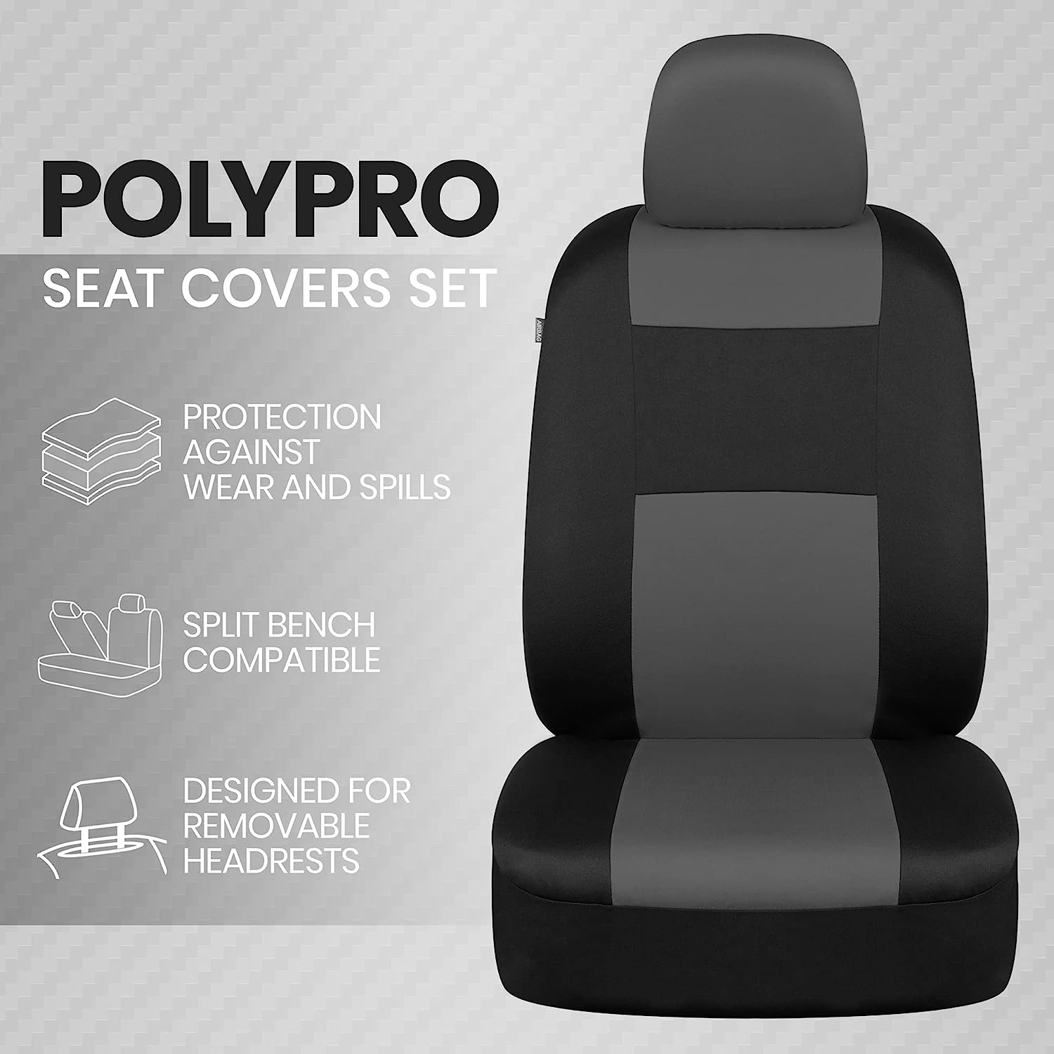 BDK PolyPro Seat Covers Full Set in Gray on Black – Front and Rear Split Bench, Easy to Install for Auto Trucks Van SUV Car