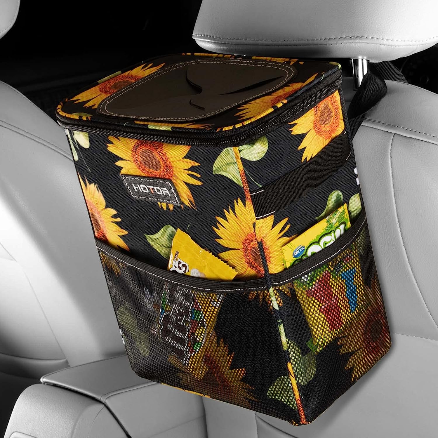 HOTOR 3 Gallons Car Trash Can, Ultra Large Capacity Car Organizer and Storage with Adjustable Straps &amp; Magnetic Snaps, Waterproof Car Accessory for Interior Car Stuff Storage, Sunflower