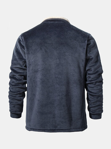 mens thicken fleece lined velour stand collar solid warm overcoats with pocket