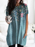 Casual Round Neck Short Sleeve Flower Printed T-shirt