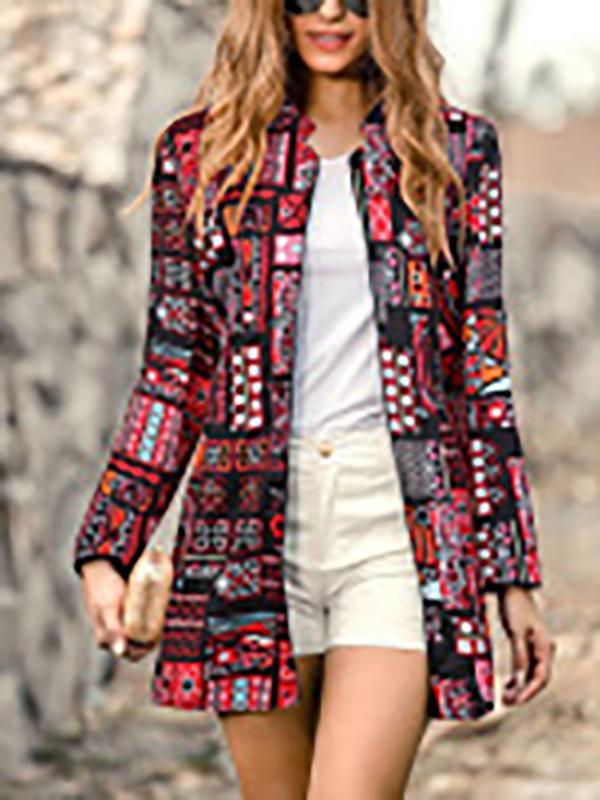 Retro Fashion Slim Print Long Sleeve Suit Cardigan Coat