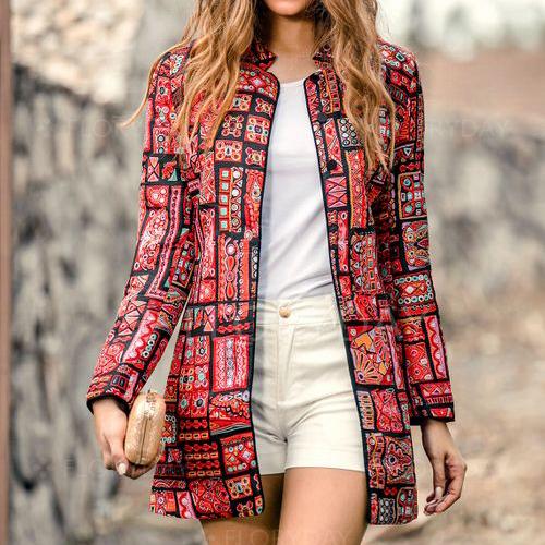 Retro Fashion Slim Print Long Sleeve Suit Cardigan Coat