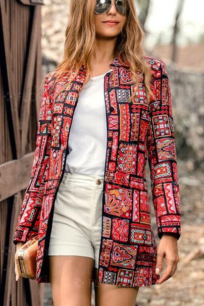 Retro Fashion Slim Print Long Sleeve Suit Cardigan Coat
