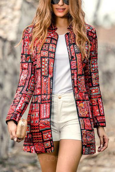 Retro Fashion Slim Print Long Sleeve Suit Cardigan Coat