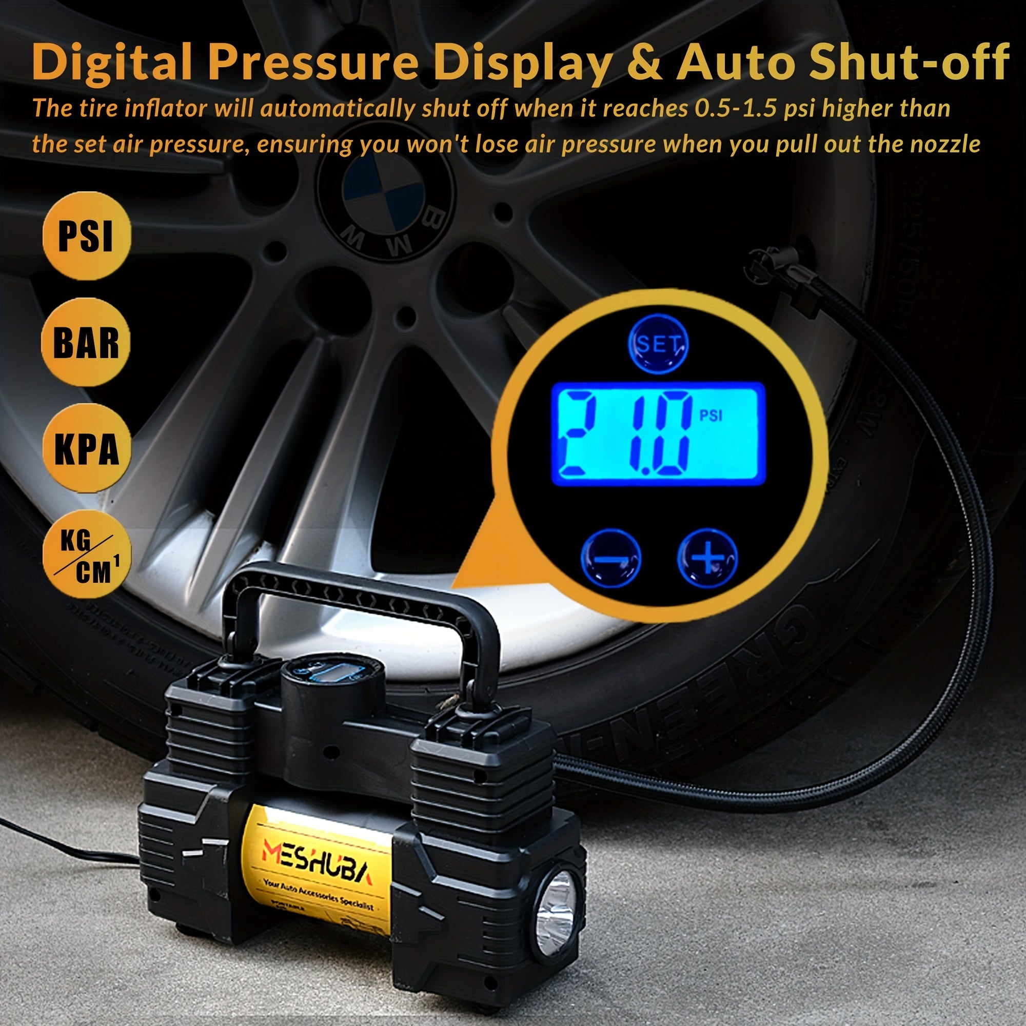 MESHUBA Tire Inflator 12V Portable Air Compressor, 150PSI Air Pump For Car Tires With Digital Pressure GauFor Car Bike Motor Ball, Yellow