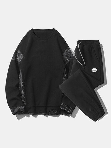 mens paisley print patchwork texture sweatshirt casual two pieces outfits