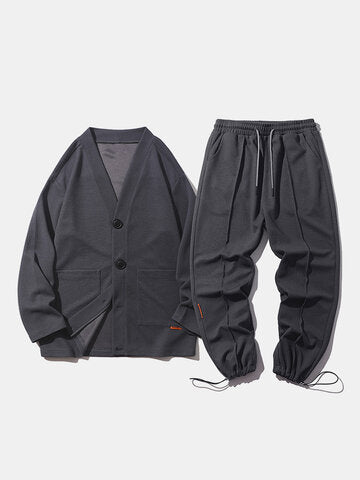 mens texture solid color button front cardigan basics two pieces outfits