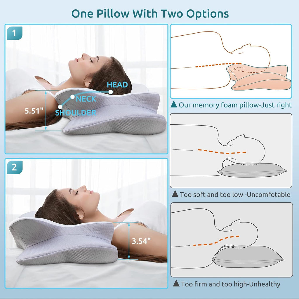 DONAMA Cervical Pillow for Neck Pain Relief,Contour Memory Foam,Ergonomic Orthopedic Neck Support Pillows for Side,Back &amp; Stomach Sleepers with Breathable Pillowcase Queen Size,Light Gray