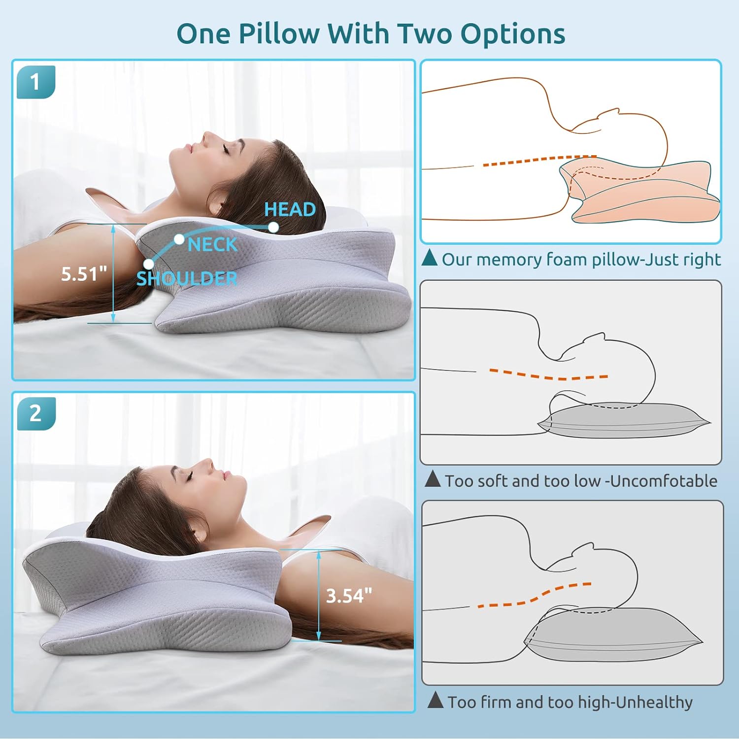 DONAMA Cervical Pillow for Neck Pain Relief,Contour Memory Foam,Ergonomic Orthopedic Neck Support Pillows for Side,Back &amp; Stomach Sleepers with Breathable Pillowcase Queen Size,Light Gray