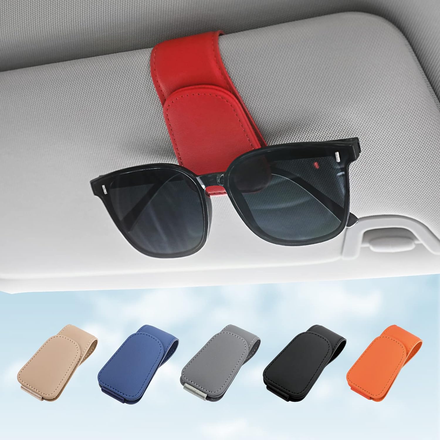 Sunglass Holder for Car Visor Sunglasses Clip Magnetic Leather Glasses Eyeglass Holder Interior Car Accessories for Woman Man - 2 Packs Red
