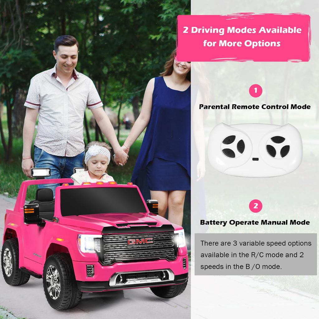 12V 2-Seater Licensed GMC Kids Ride On Truck RC Electric Car w/StoraBox Pink