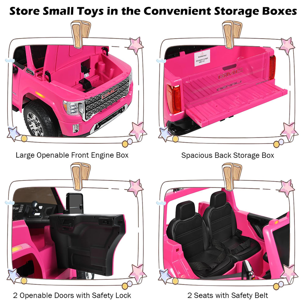 12V 2-Seater Licensed GMC Kids Ride On Truck RC Electric Car w/StoraBox Pink