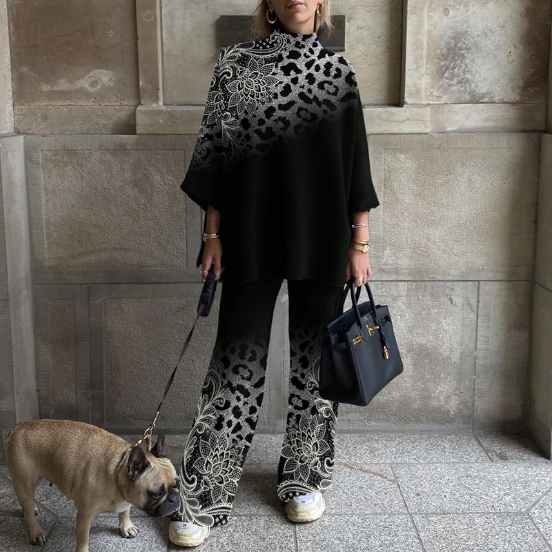 Women's Fashion Silver Leopard Print Floral Print Drop Shoulder Three-quarter Sleeve Suit