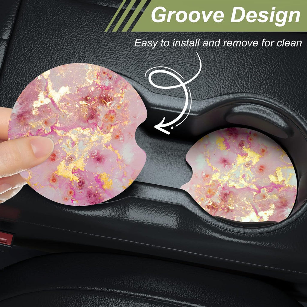 Nipichsha Car Cup Holder Coasters, 2 Pack Anti Slip Insert Coasters, Rubber Car Cup Mat with A Finger Notch, Cute Car Interior Accessories for Women Men(Gold Pink Marble)