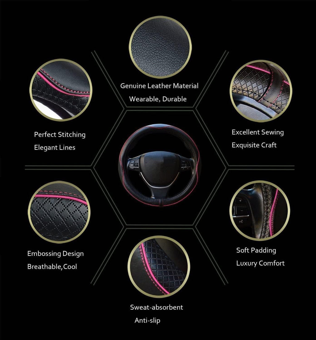 Car Steering Wheel Cover, Anti-Slip, Safety, Soft, Breathable, Heavy Duty, Thick, Full Surround, Sports Style (Black with Pink Line)