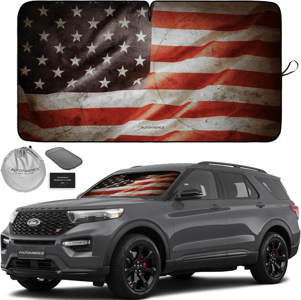 Autoamerics 1-Piece Windshield Sun Shade Grunge American Flag - 1 USA  - Foldable Car Front Window Sunshade for Most Sedans SUV Truck - Blocks Max UV Rays and Keeps Your Vehicle Cool - Medium