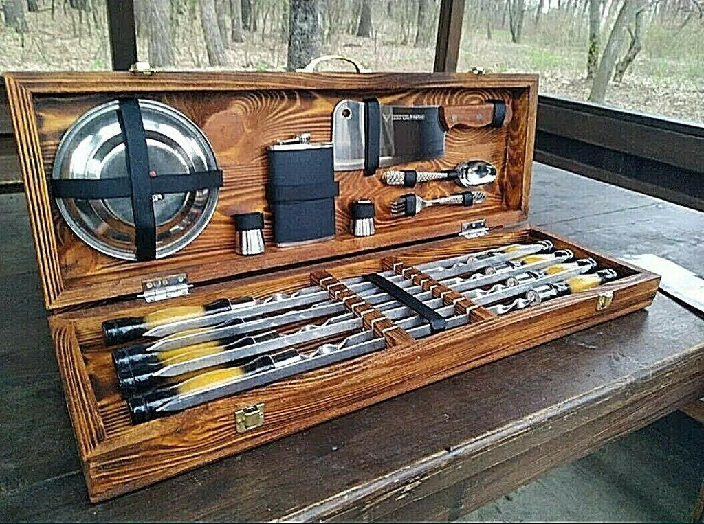 Set  steel skewer wooden case gift Grill BBQ Tool  BBQ accessory set