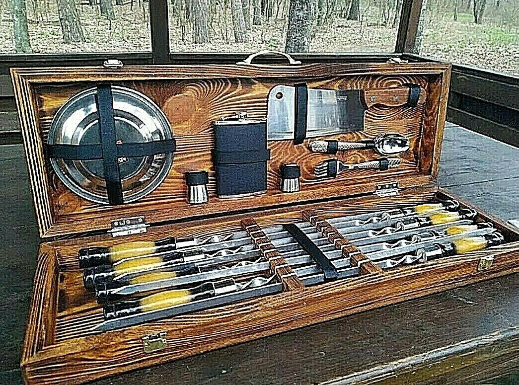Set  steel skewer wooden case gift Grill BBQ Tool  BBQ accessory set