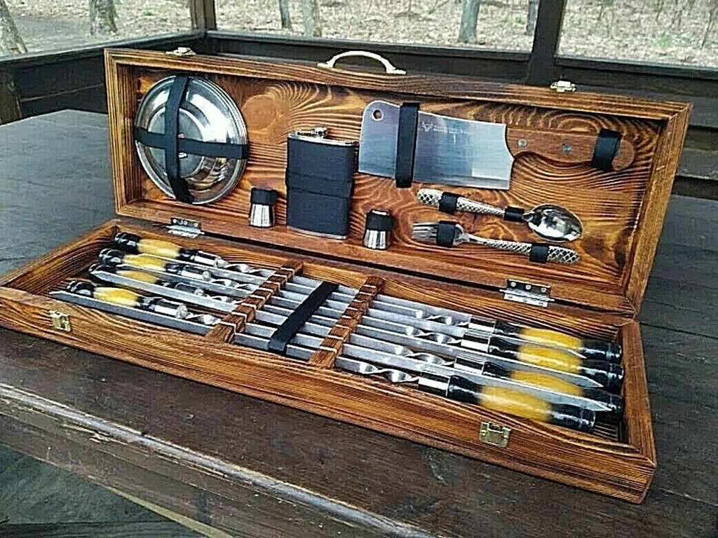Set  steel skewer wooden case gift Grill BBQ Tool  BBQ accessory set