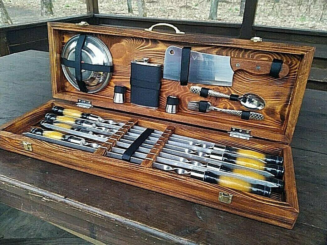 Set  steel skewer wooden case gift Grill BBQ Tool  BBQ accessory set