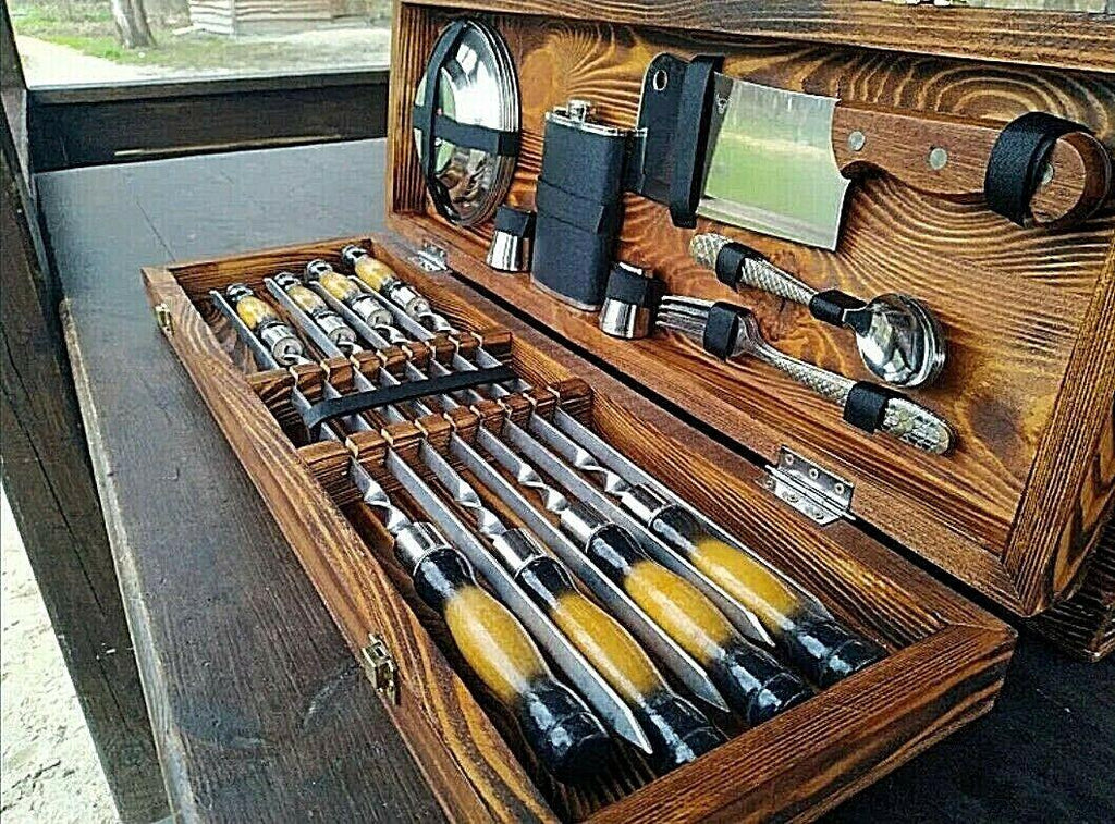 Set  steel skewer wooden case gift Grill BBQ Tool  BBQ accessory set
