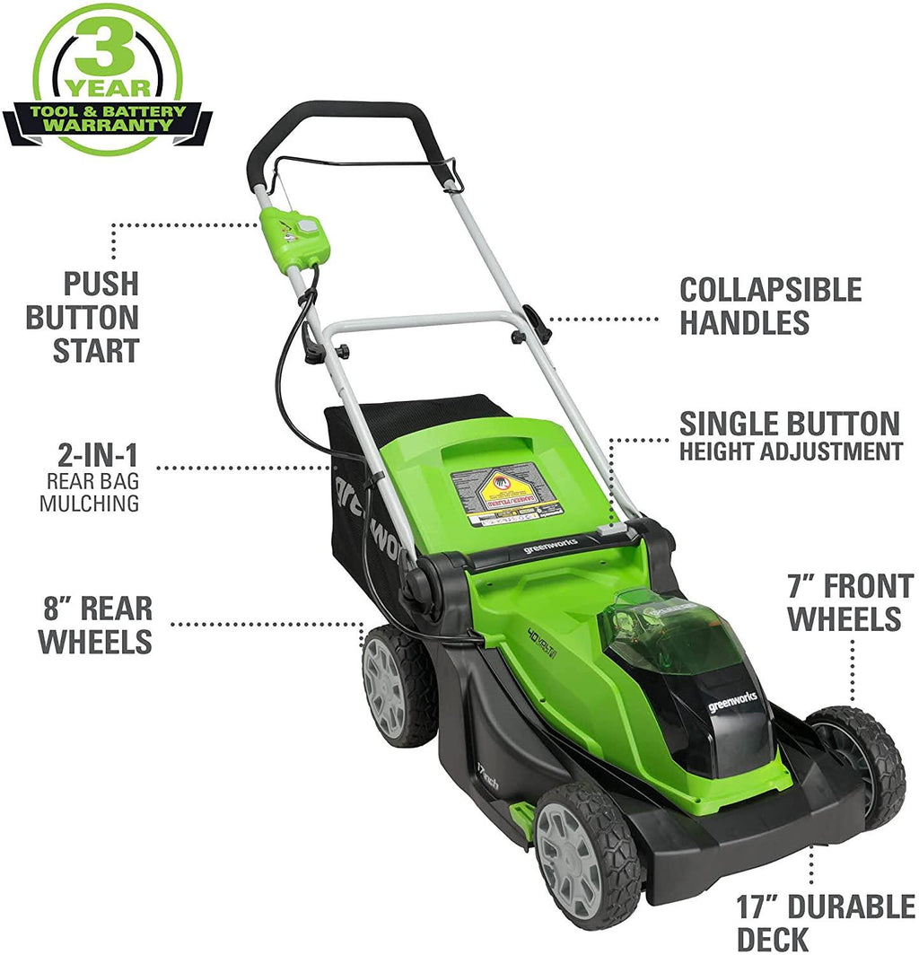 Greenworks 40V 17 inch Cordless Lawn Mower,Tool Only, MO40B01