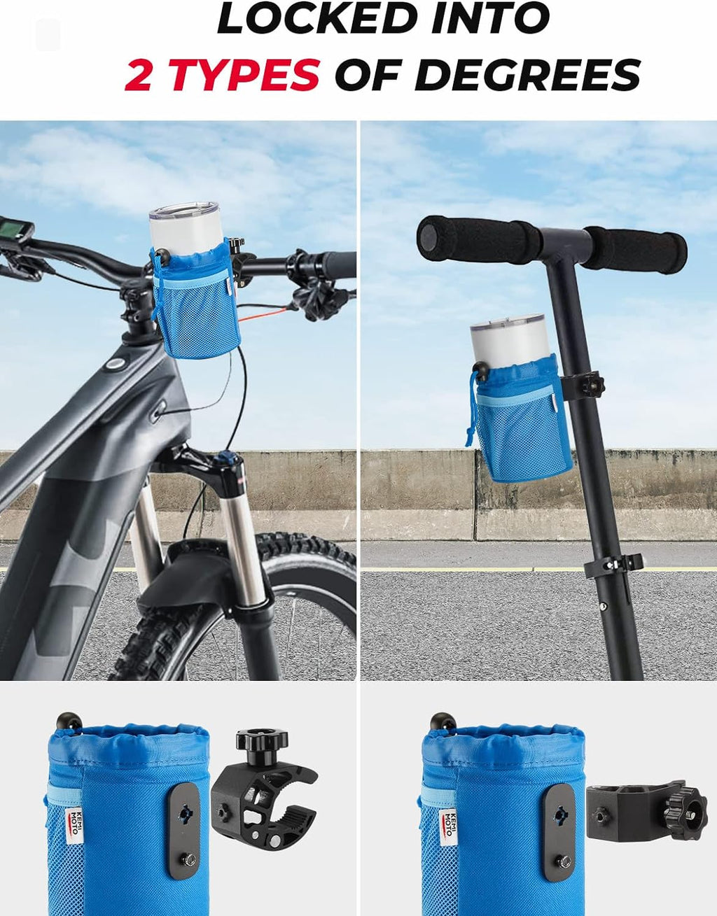 kemimoto Bike Cup Holder, Oxford Fabric Bicycle Cup Holder with 0.6"-1.5" Alligator Clamp, Cup Holder for Bike, Boat, Canoe, ATV, Motorcycle, Wheelchair, Walker, Scooter, Kayak, Camper, Blue