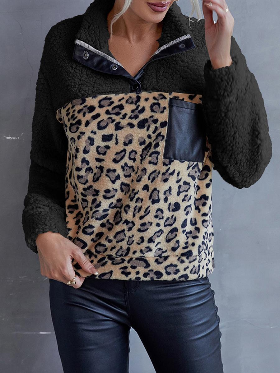 Leopard Print Color Block Casual Sweatshirt