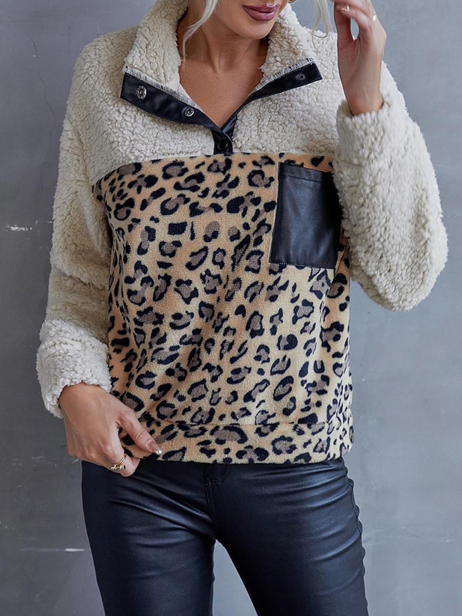 Leopard Print Color Block Casual Sweatshirt