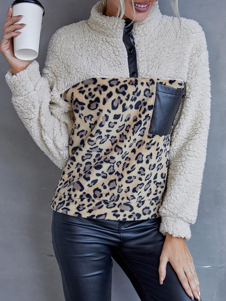 Leopard Print Color Block Casual Sweatshirt