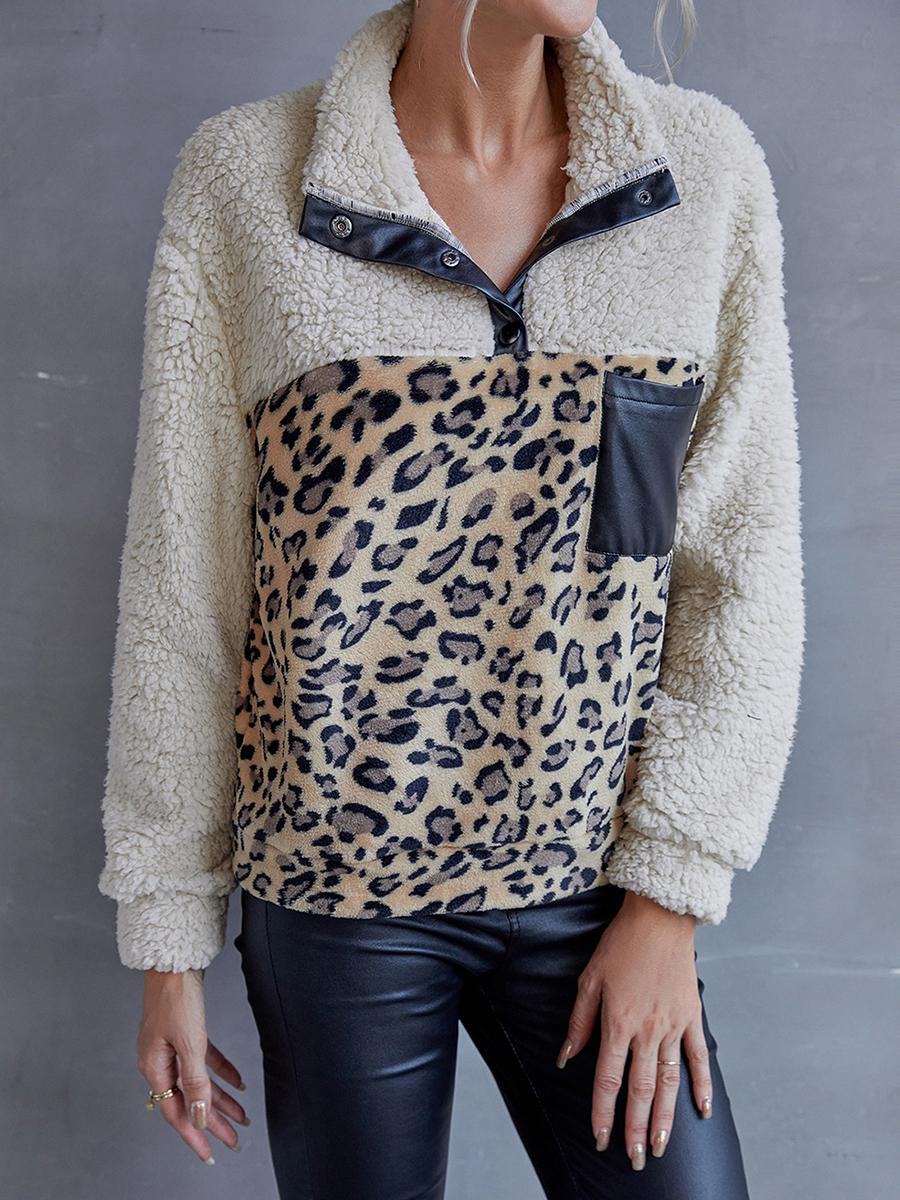 Leopard Print Color Block Casual Sweatshirt