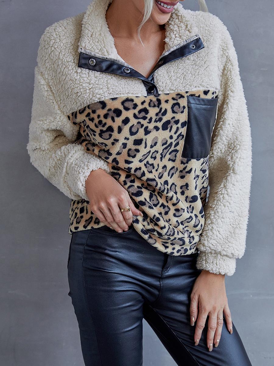 Leopard Print Color Block Casual Sweatshirt