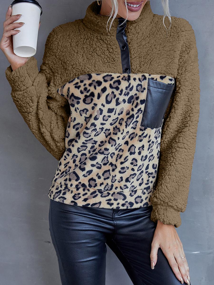 Leopard Print Color Block Casual Sweatshirt