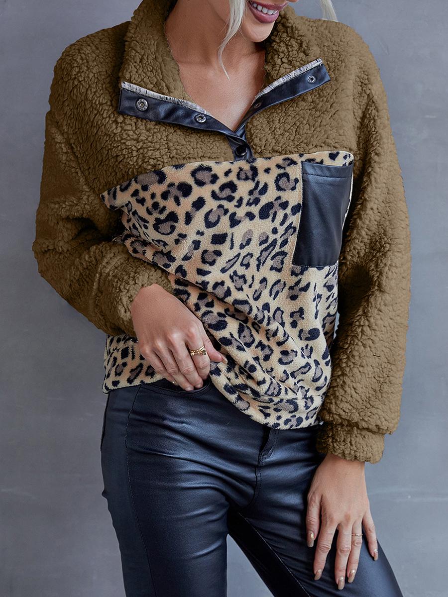 Leopard Print Color Block Casual Sweatshirt
