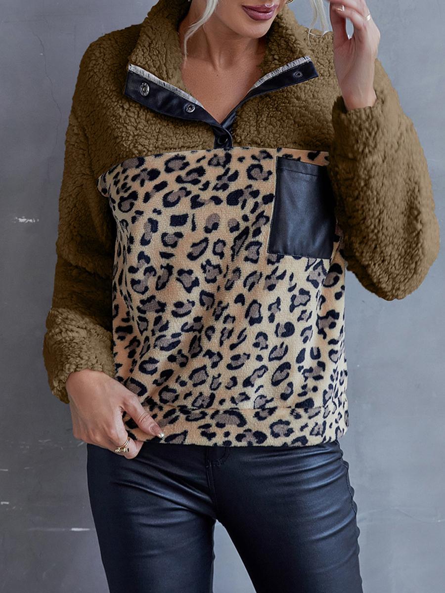Leopard Print Color Block Casual Sweatshirt
