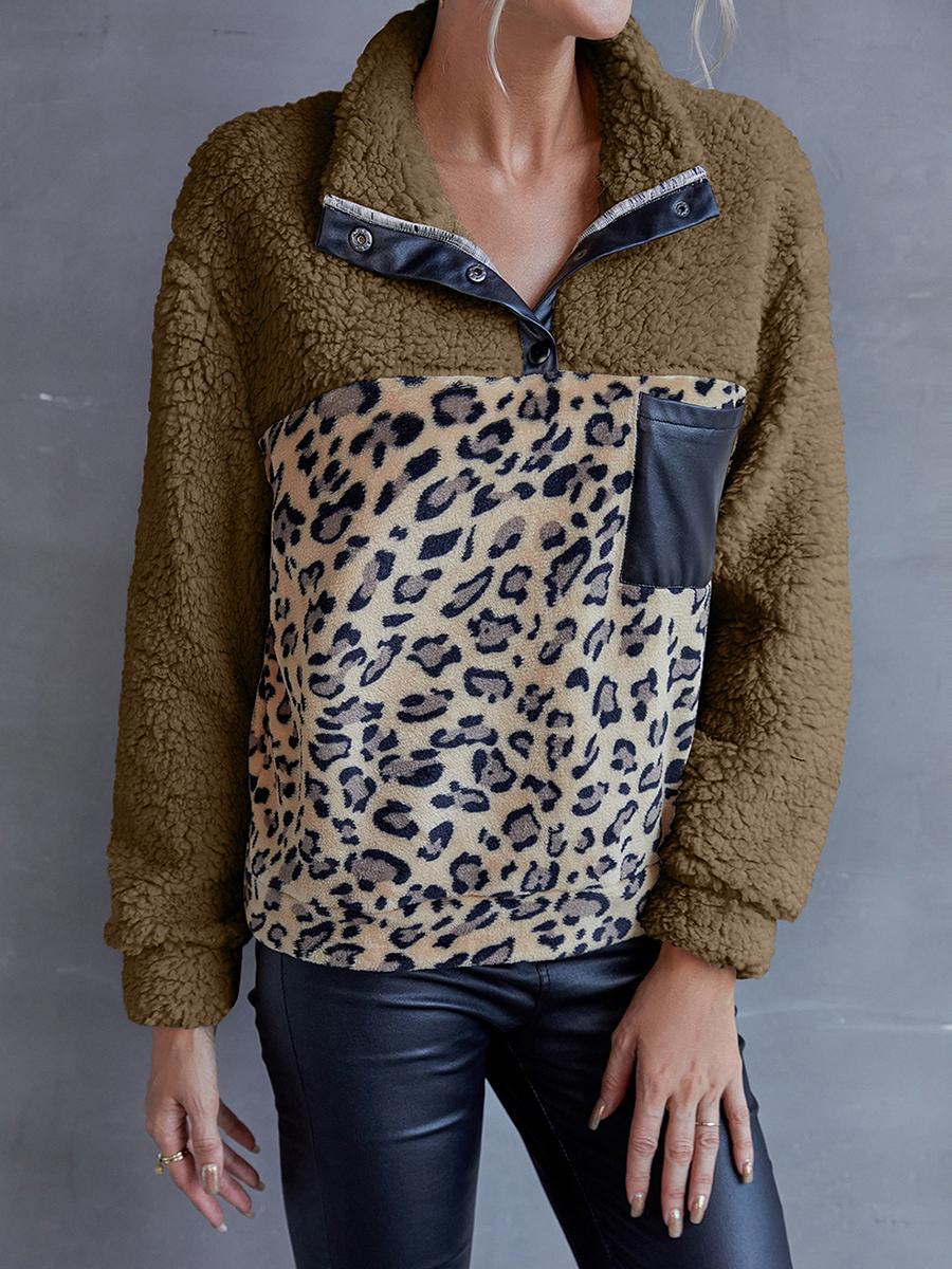 Leopard Print Color Block Casual Sweatshirt