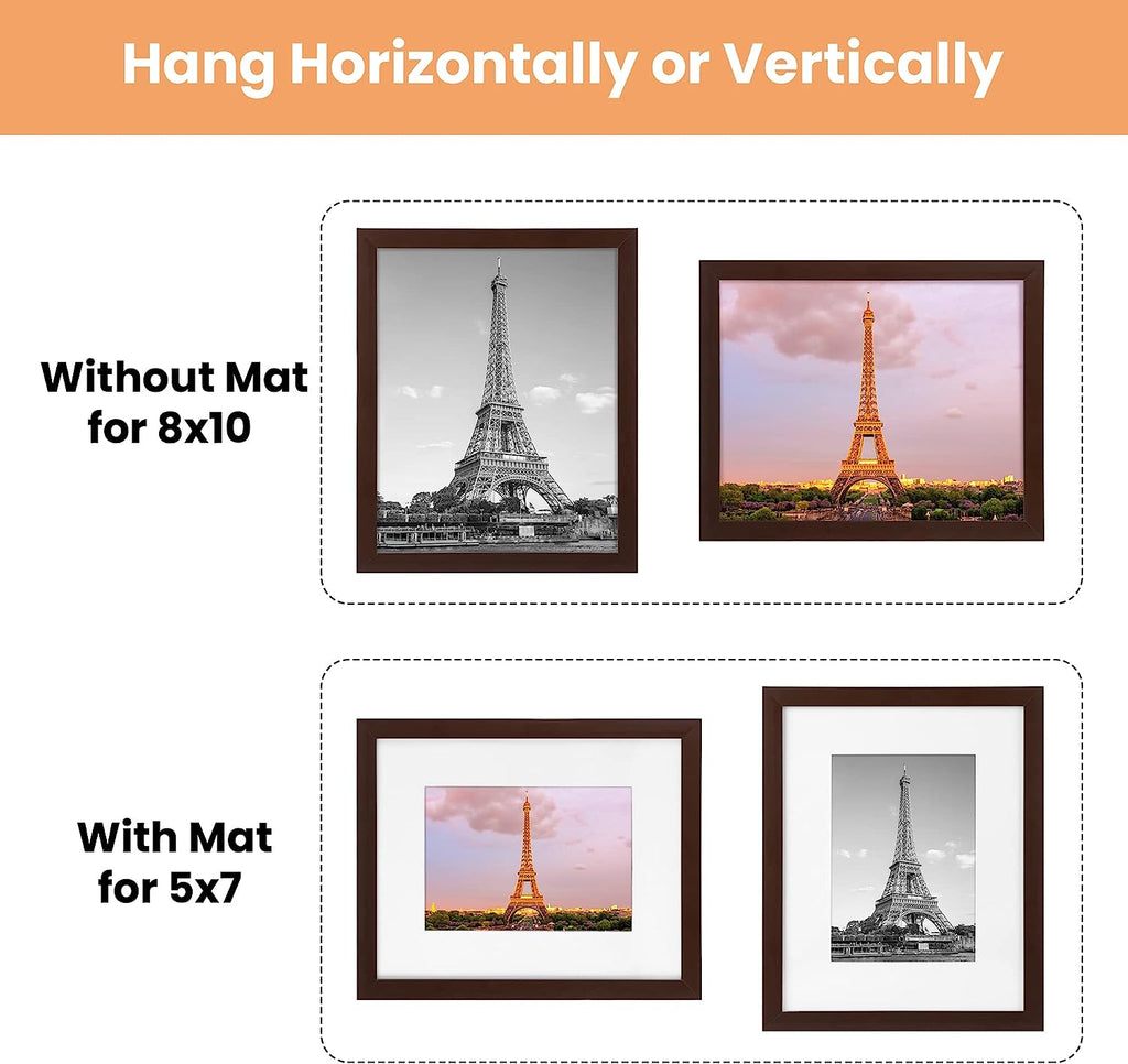 upsimples 8x10 Picture Frame Set of 5,Display Pictures 5x7 with Mat or 8x10 Without Mat,Wall Gallery Photo Frames, Brown