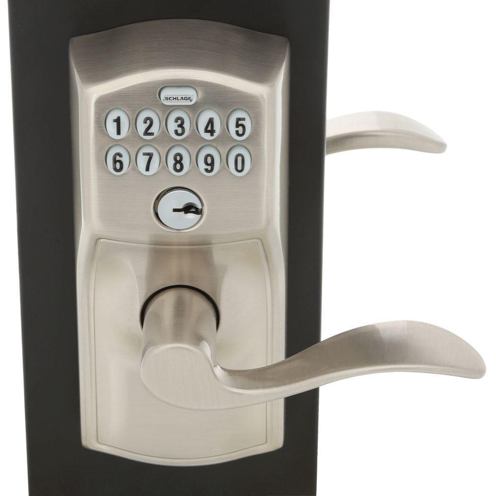 Camelot Satin Nickel Electronic Door Lock with Accent Door Lever Featuring Flex Lock