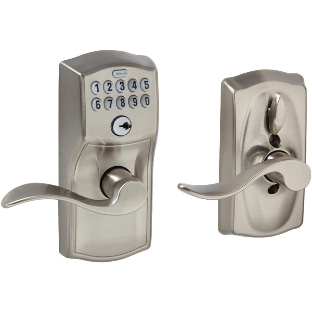 Camelot Satin Nickel Electronic Door Lock with Accent Door Lever Featuring Flex Lock