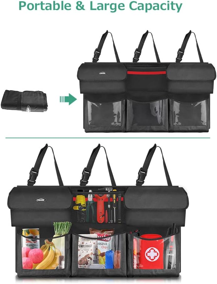 Oasser Back Seat Trunk Organizer Hanging Car Organizer Trunk Foldable Cargo Storage with 6 Large Pockets 3 Adjustable Straps