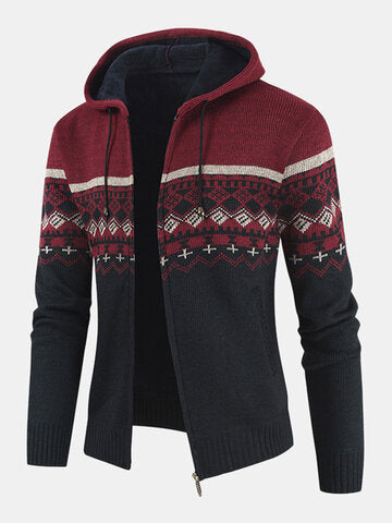 mens ethnic style knitted woolen zipper drawstring hooded sweater cardigan