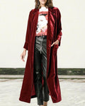 calf length red notched lapel velvet outerwear