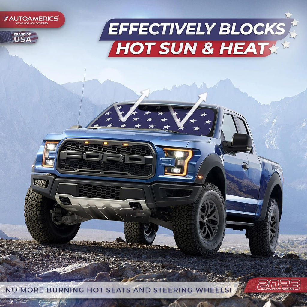 Autoamerics 1-Piece Windshield Sun Shade American Stars Flag USA Patriotic  - Foldable Car Front Window Sunshade for Sedans SUV Truck - Blocks Max UV Rays and Keeps Your Vehicle Cool - Small
