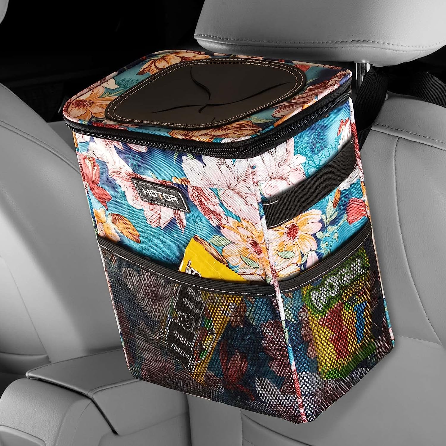 HOTOR Car Trash Can with Lid and Storage Pockets,100% Leak-Proof Car Organizer, Waterproof Car Garbage Can, Multipurpose Trash Bin for Car - Blue Flower